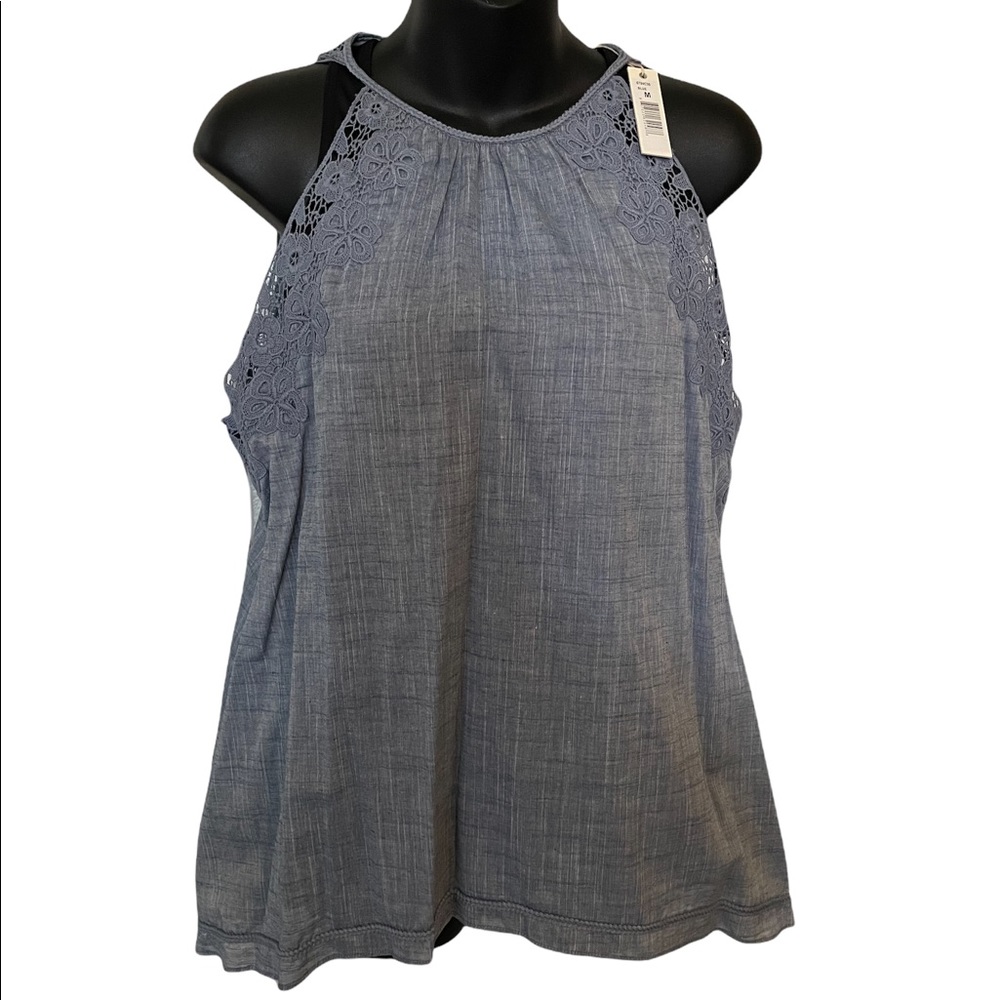 Max Studio Neiman Marcus Lace Adjustable High Low Halter Top | Gray | Medium - Picture 1 of 7